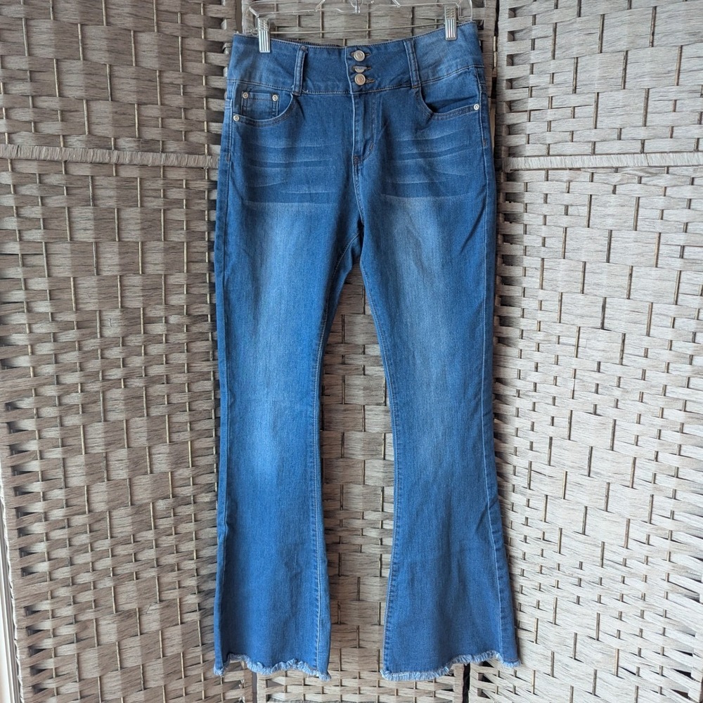 Red Bottoms Flare Jeans Blue High Rise Frayed Hem 13/31 Retro Y2K Boho Stretch